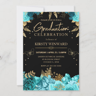 Teal and Gold Roses Floral Graduation Invitation