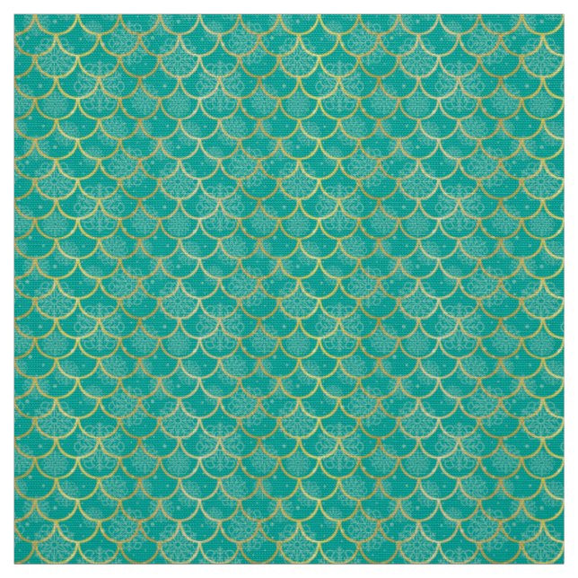 Teal and gold snowflake with fish scales pattern fabric (Swatch)