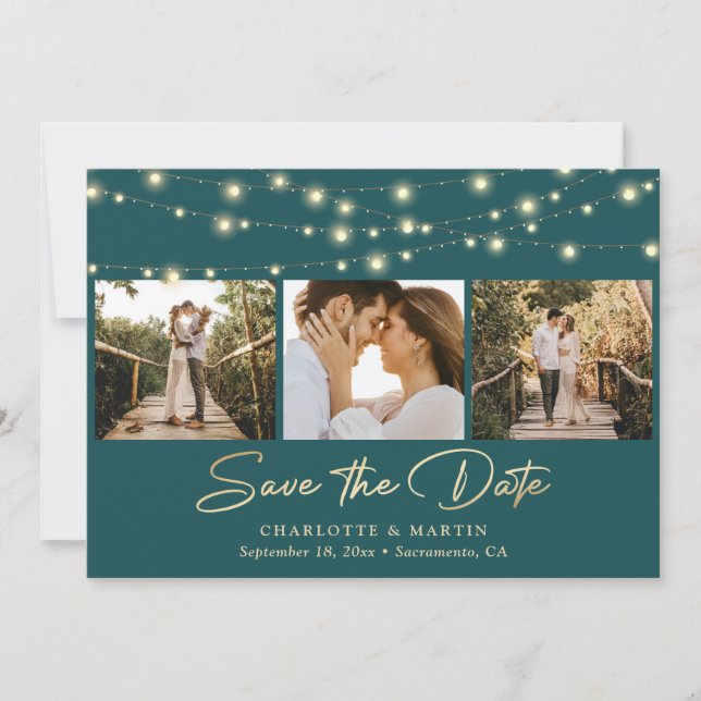 Teal and Gold String Lights Photo Collage Wedding Save The Date (Front)