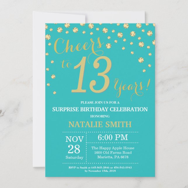 Teal and Gold Surprise 13th Birthday Diamond Invitation (Front)