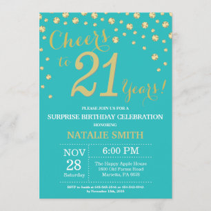 Teal and Gold Surprise 21st Birthday Diamond Invitation