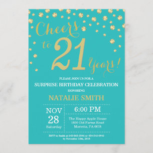 Teal and Gold Surprise 21st Birthday Diamond Invitation