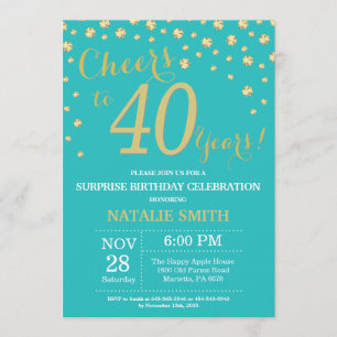 Teal and Gold Surprise 40th Birthday Diamond Invitation