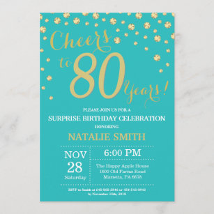 Teal and Gold Surprise 80th Birthday Diamond Invitation