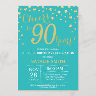 Teal and Gold Surprise 90th Birthday Diamond Invitation