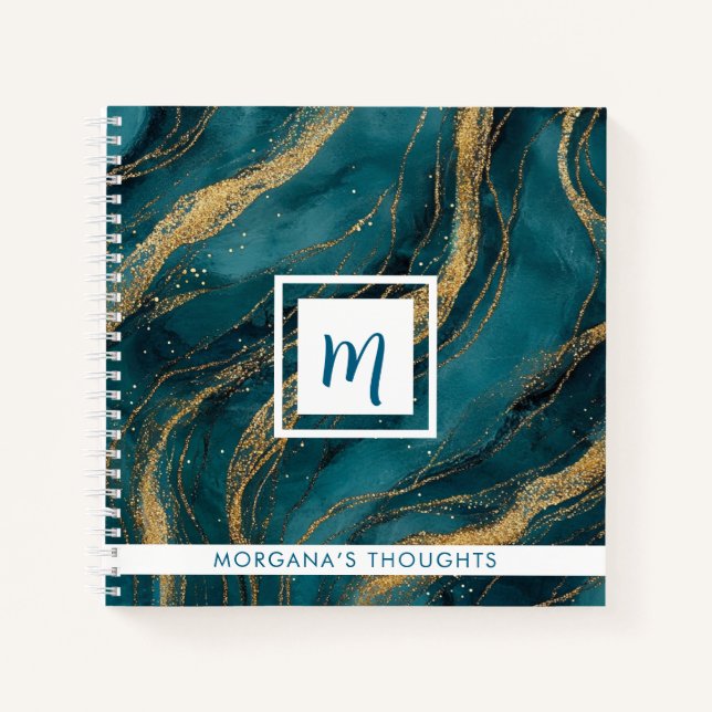 Teal and Gold Swirls Monogram Square Notebook (Front)