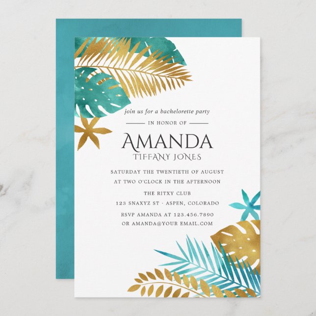 Teal and Gold Tropical Bachelorette Party Invitation (Front/Back)