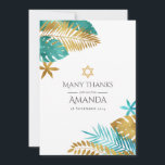 Teal and Gold Tropical Bat Mitzvah Thank You Card<br><div class="desc">Express your gratitude with this elegant thank-you card, perfect for a Bat Mitzvah or Jewish celebration. Featuring a tropical design with teal and gold palm leaves and a Star of David, this card beautifully blends modern style with traditional symbolism. Fully customisable, it's a thoughtful way to thank your guests for...</div>