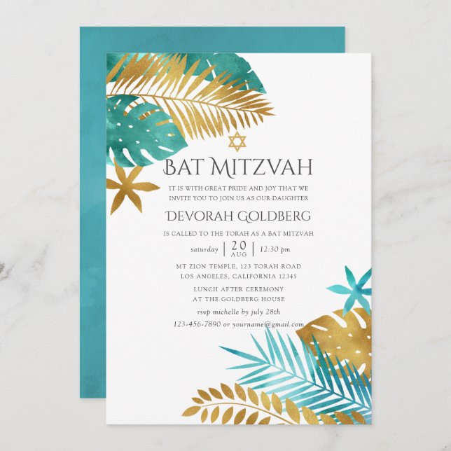 Teal and Gold Tropical Beach Bat Mitzvah Invitation (Front/Back)