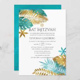 Teal and Gold Tropical Beach Bat Mitzvah Invitation
