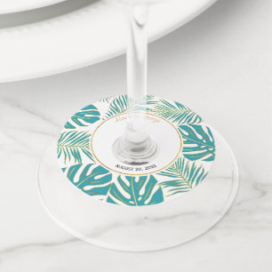 Teal and gold tropical leaves modern wedding wine glass tag