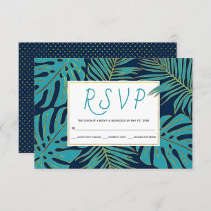 Teal and gold tropical leaves navy blue wedding RSVP card