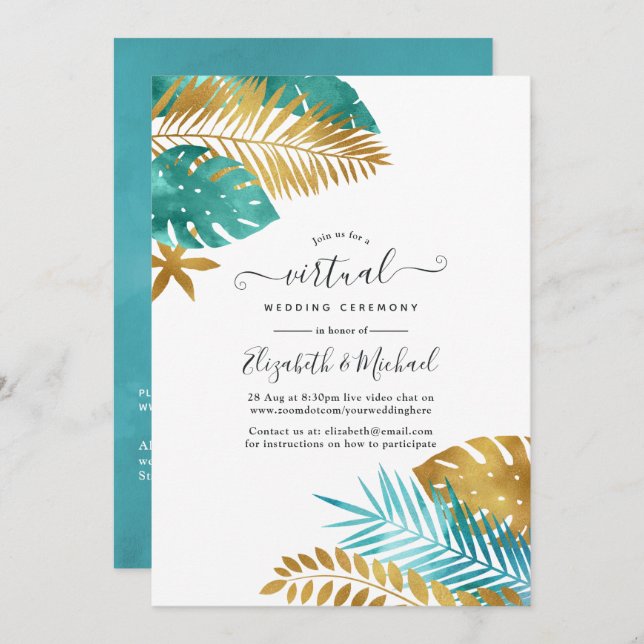 Teal and Gold Tropical Online Virtual Wedding Invitation (Front/Back)