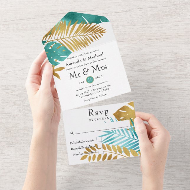 Teal and Gold Tropical Wedding All In One Invitati All In One Invitation (Tearaway)