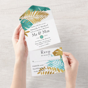 Teal and Gold Tropical Wedding All In One Invitati Invitation