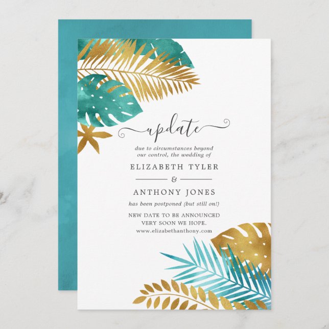 Teal and Gold Tropical Wedding Update Invitation (Front/Back)