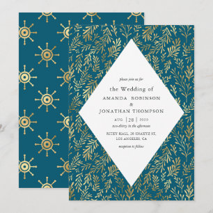 Teal and Gold Vintage Nautical Wedding Invitation