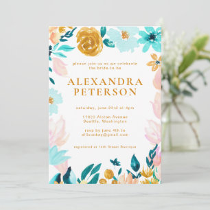 Teal and Gold Watercolor Floral Bridal Shower Invitation