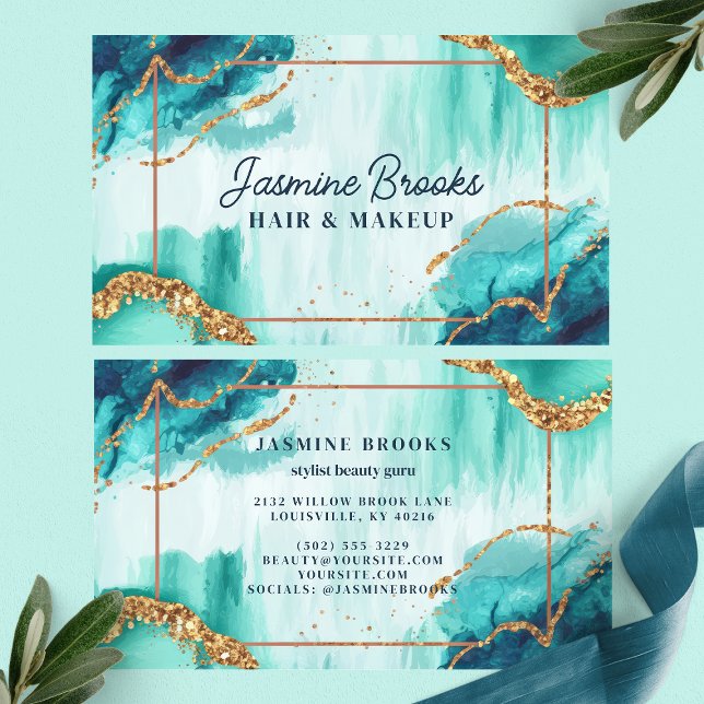 Teal and Gold Watercolor Glitter Business Card (Creator Uploaded)