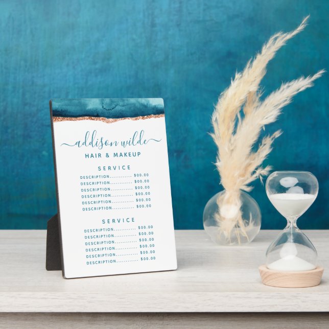 Teal And Gold Watercolor Price Menu Plaque (Side)
