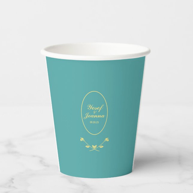 Teal and Gold Wedding Paper Cups (Front)