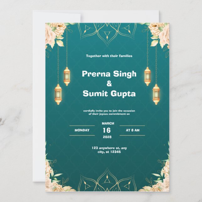 Teal and Golden Wedding Invitation (Front)