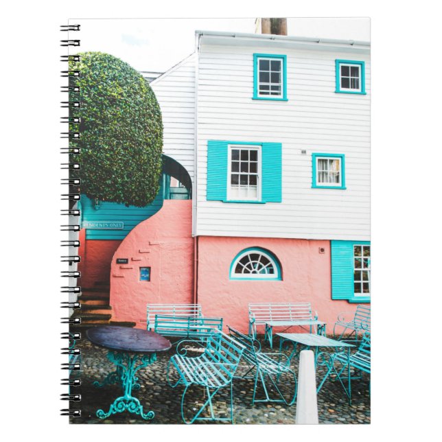 TEAL AND GRAY TABLE AND BENCH BESIDE WHITE AND ORA NOTEBOOK (Front)