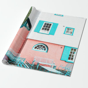 TEAL AND GRAY TABLE AND BENCH BESIDE WHITE AND ORA WRAPPING PAPER