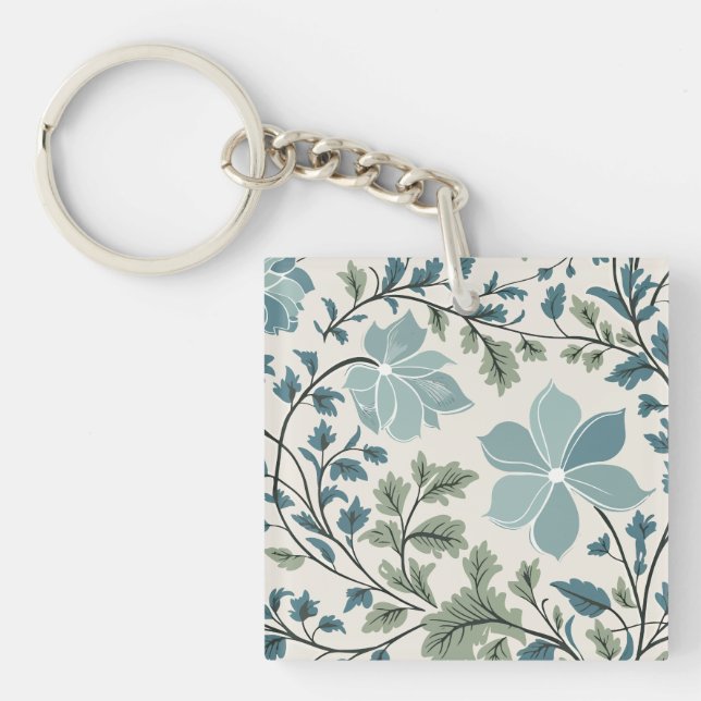 Teal and Green Floral Pattern on Cream Background Key Ring (Front)