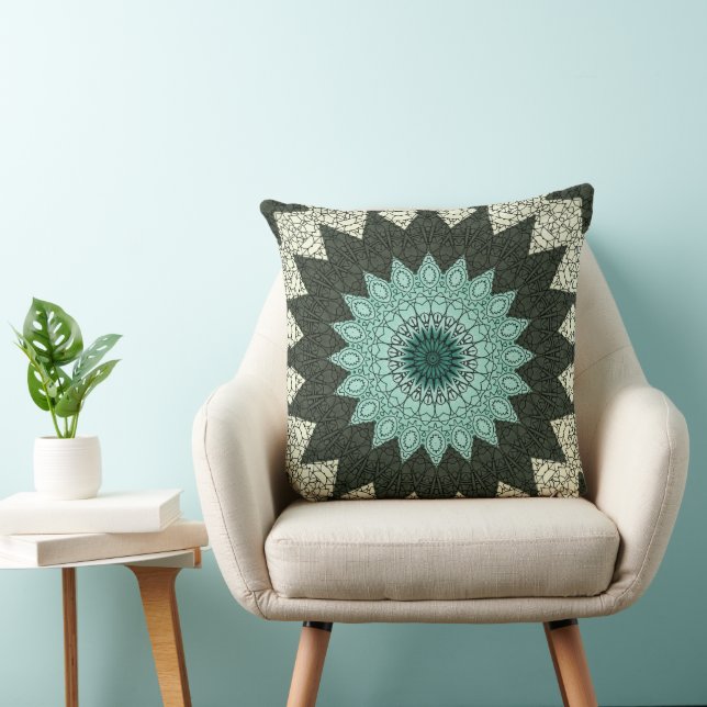 Teal and Green Geometric Mandala Pattern Cushion (Chair)