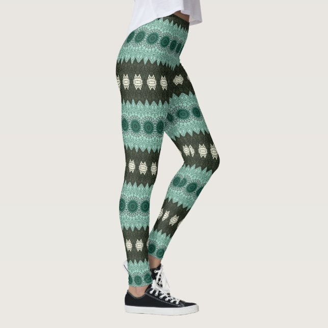 Teal and Green Geometric Mandala Pattern Leggings (Right)
