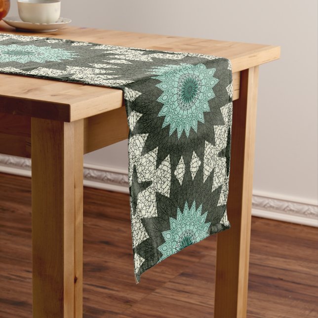Teal and Green Geometric Mandala Pattern Medium Table Runner (In Situ)