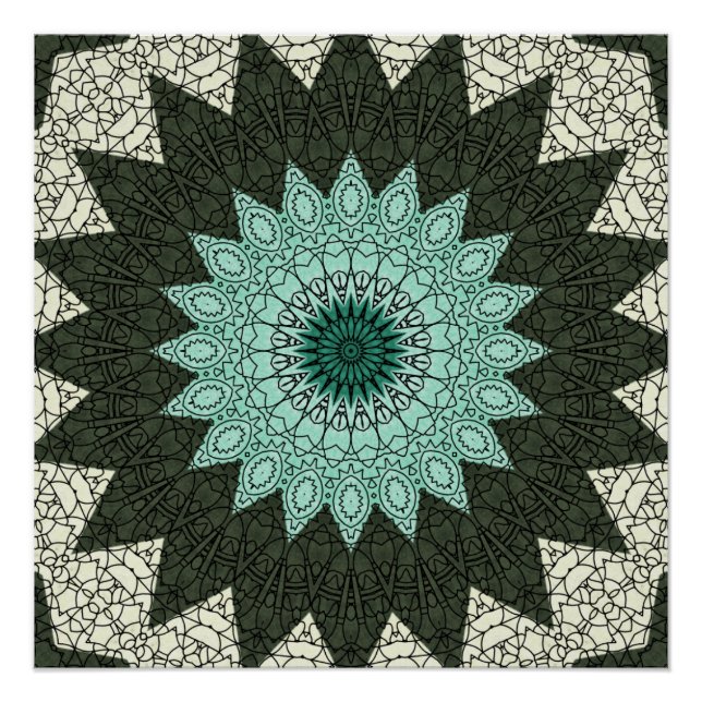 Teal and Green Geometric Mandala Pattern Poster (Front)