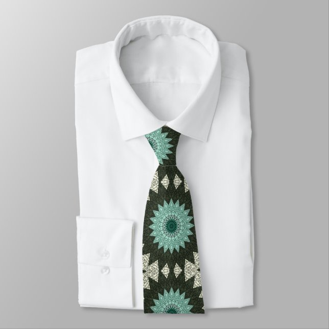 Teal and Green Geometric Mandala Pattern Tie (Tied)