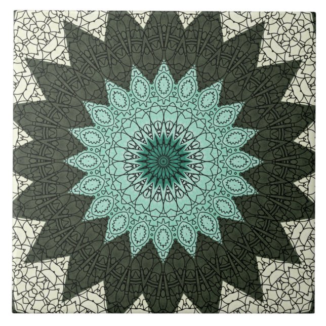 Teal and Green Geometric Mandala Pattern Tile (Front)
