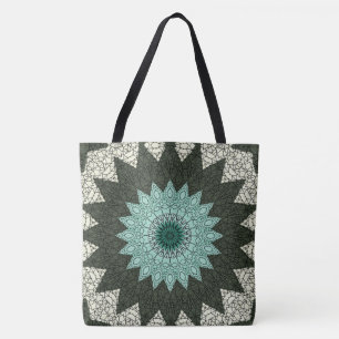 Teal and Green Geometric Mandala Pattern Tote Bag