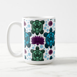 Teal and green sea turtles lotus pattern coffee mug