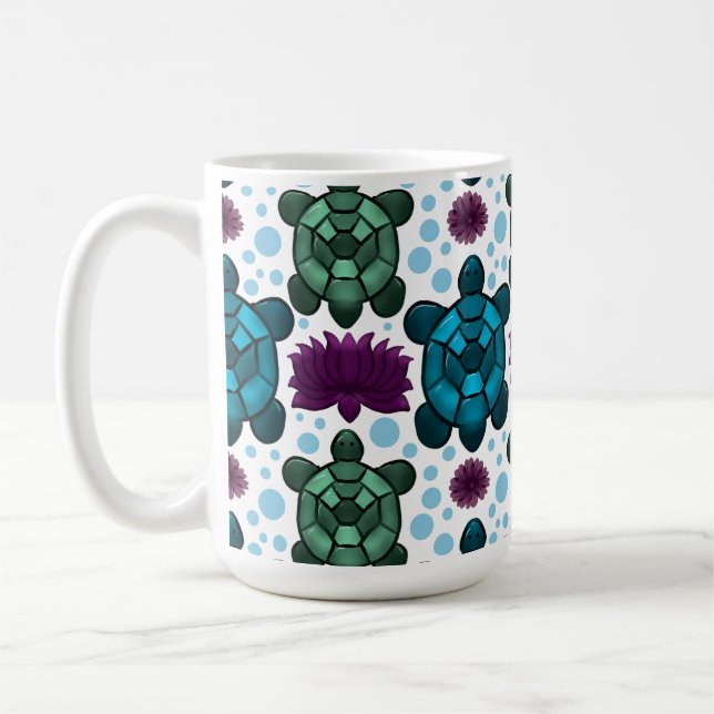 Teal and green sea turtles lotus pattern  coffee mug (Left)