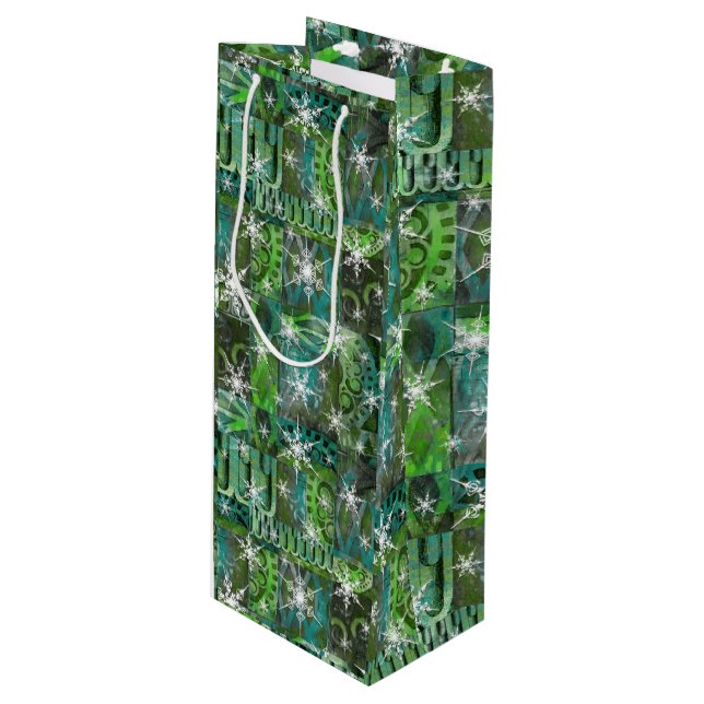 Teal and Green with Snowflakes Holiday Wine Bag (Front Angled)