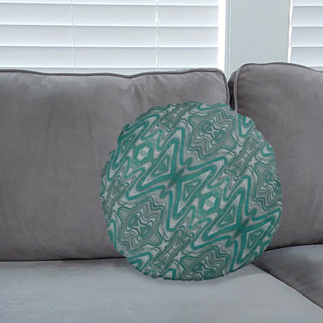 Teal and Grey Boho Chic Abstract Pattern Round Cushion (Creator Uploaded)