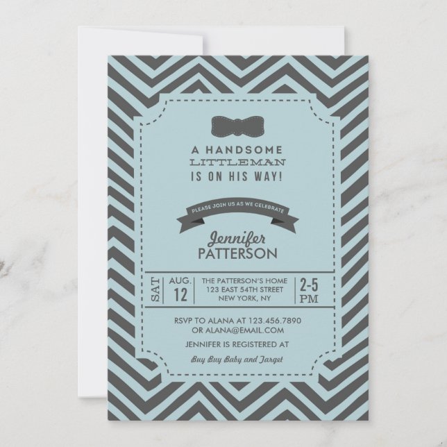 Teal and Grey Chevron Bow tie Baby Shower Invite (Front)