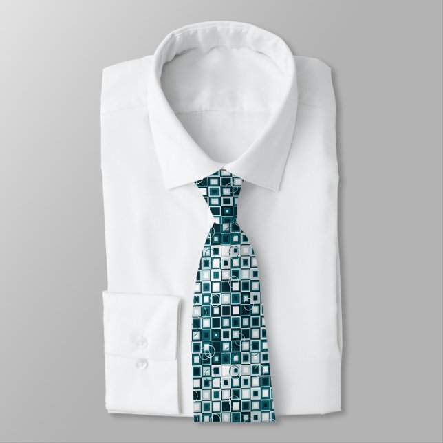 Teal and Grey Geometric Square Pattern Tie (Tied)