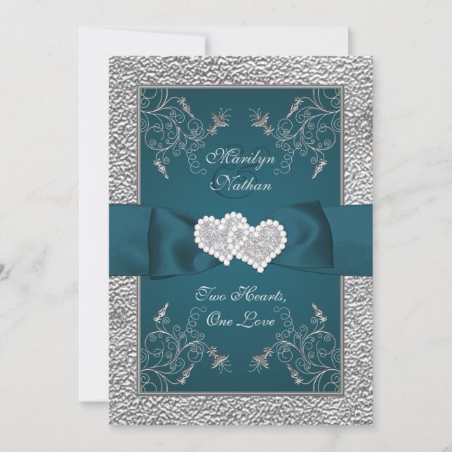 Teal and Grey Joined Hearts Wedding Invite (Front)