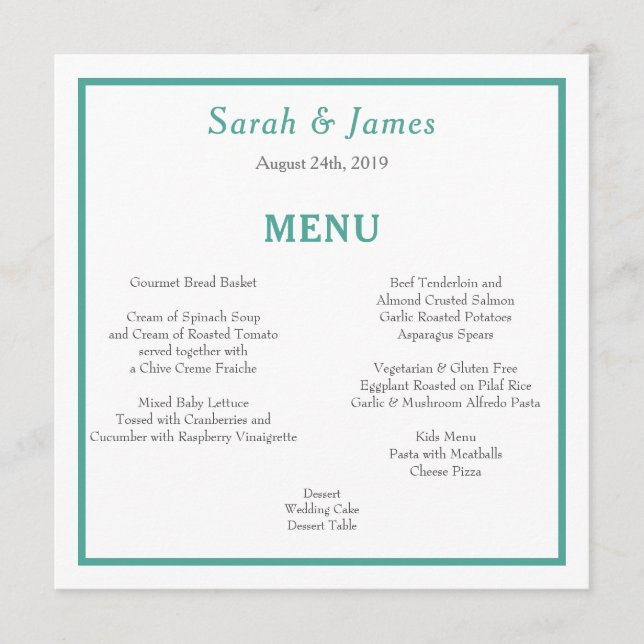 Teal and Grey Minimalist Wedding Reception Menu (Front)
