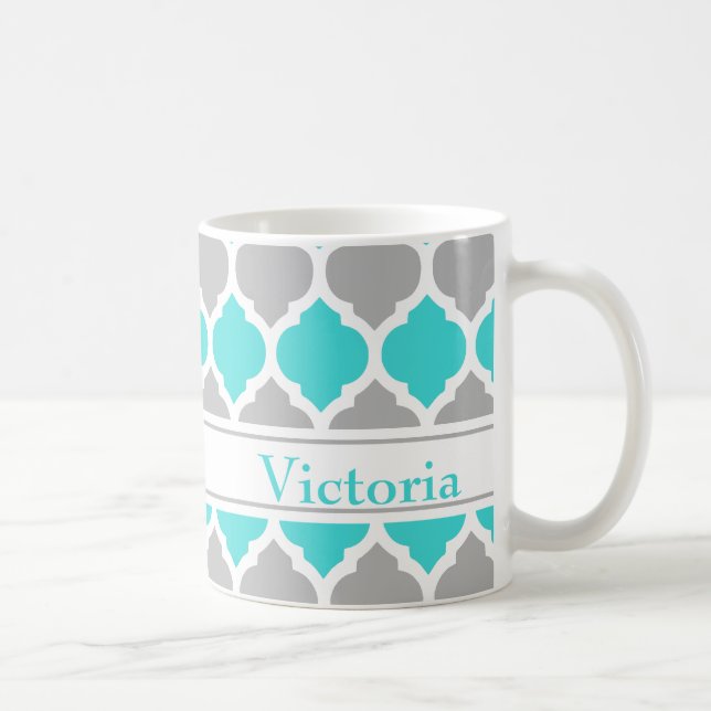 Teal and Grey Moroccan Trellis Pattern Coffee Mug (Right)