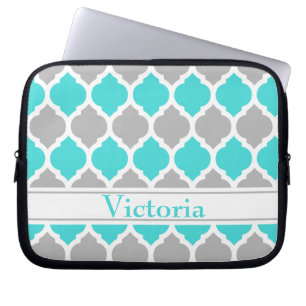 Teal and Grey Moroccan Trellis Pattern Laptop Sleeve