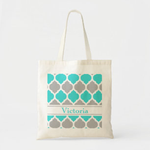 Teal and Grey Moroccan Trellis Tote Bag