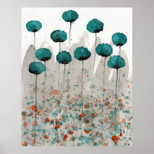 Teal and Grey Poppies, Watercolor Flowers Wall Poster