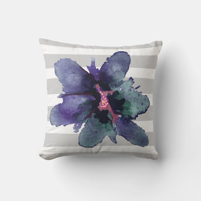 Teal and Grey Striped Watercolor Floral Pillow (Front)