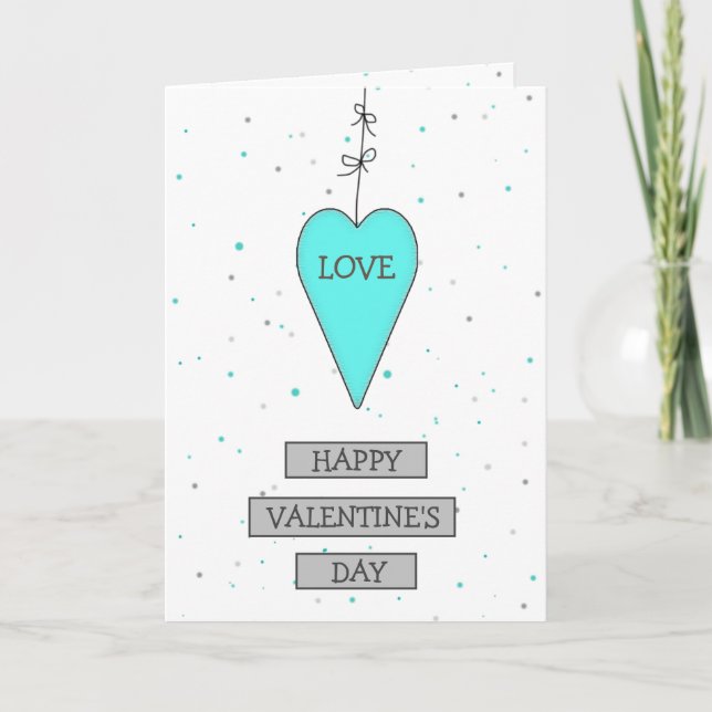 Teal and Grey Whimsical Heart and Bows Valentine's Card (Front)